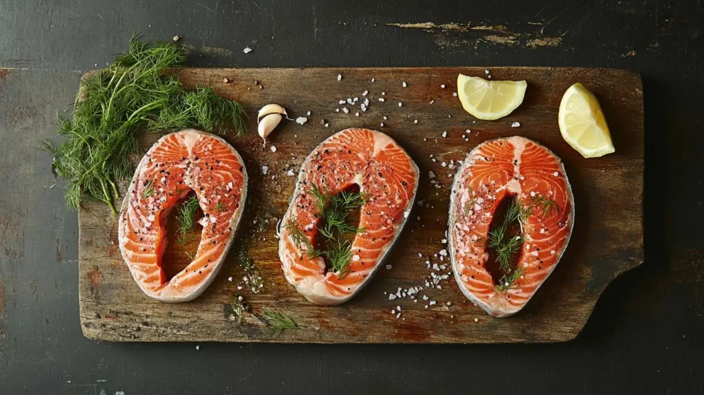 Fresh salmon steak fillets seasoned with salt, pepper, and olive oil, ready for grilling