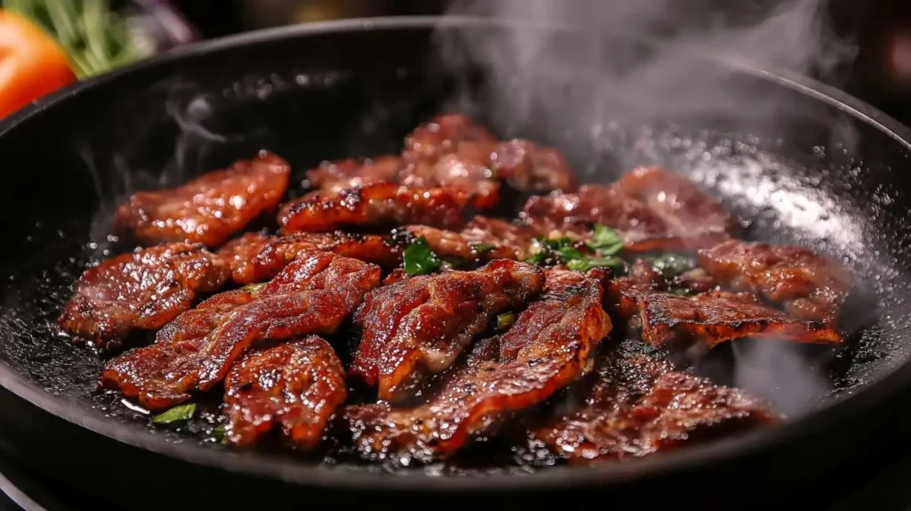 How to cook beef bacon – Sizzling beef bacon in a pan for perfect crispiness.