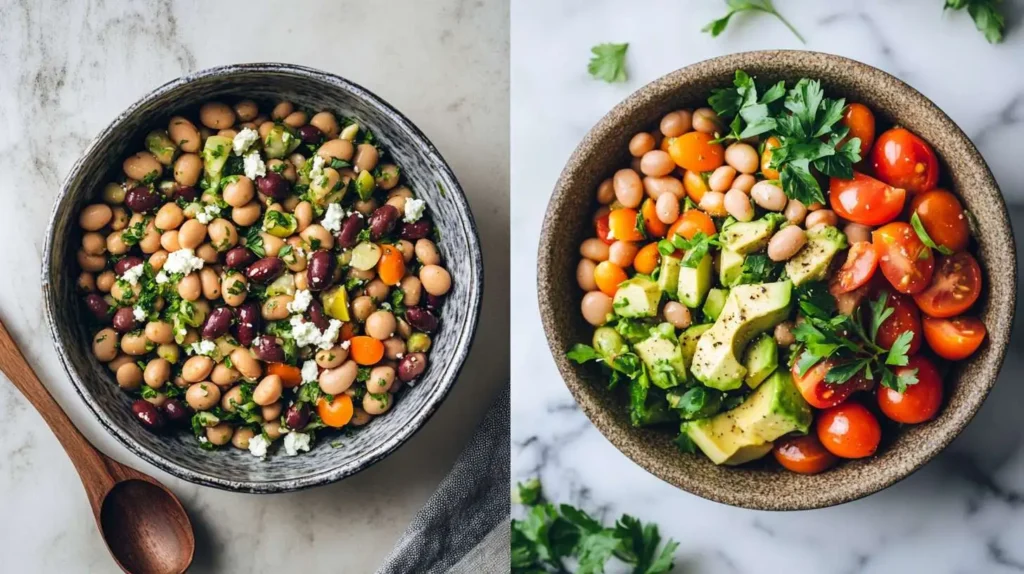 Two variations of dense bean salad – Mediterranean with feta and olives, and vegan with avocado and tahini dressing