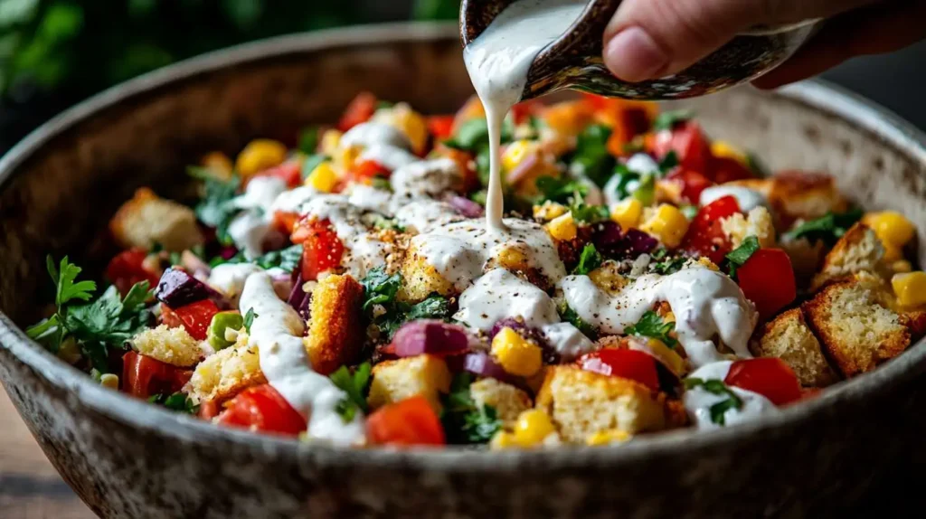 Drizzling light dressing over a healthy cornbread salad