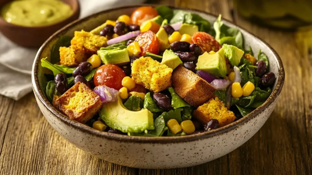 A fresh and colorful vegetarian cornbread salad with black beans, avocado, and roasted vegetables.