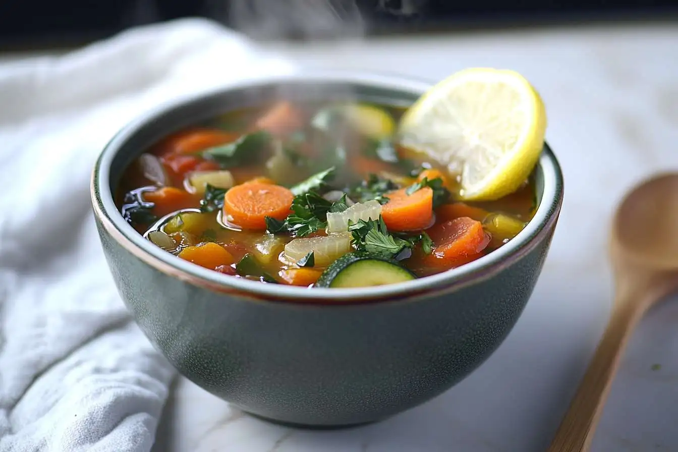 Detox Vegetable Soup in a rustic bowl with fresh ingredients