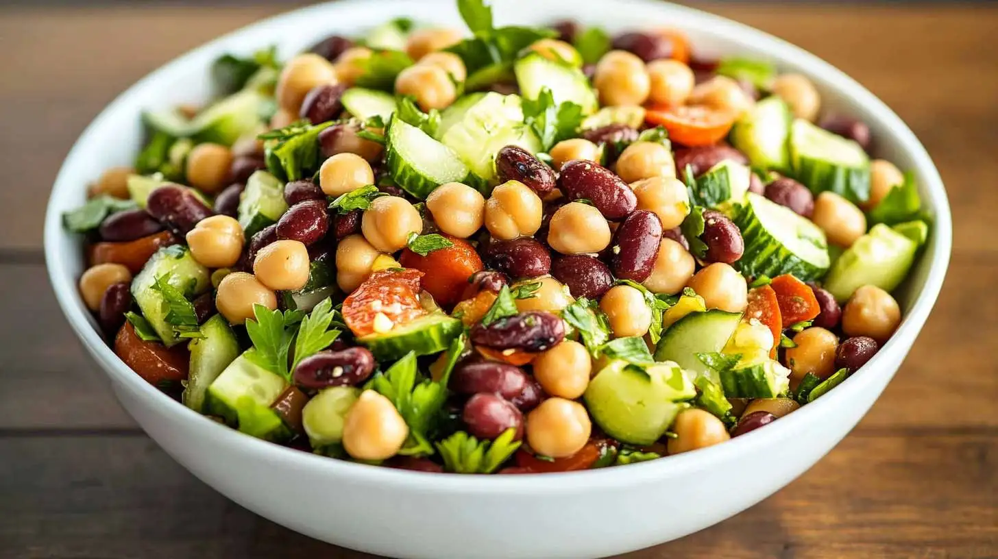 Dense Bean Salad Recipe with chickpeas, black beans, and fresh vegetables in a bowl