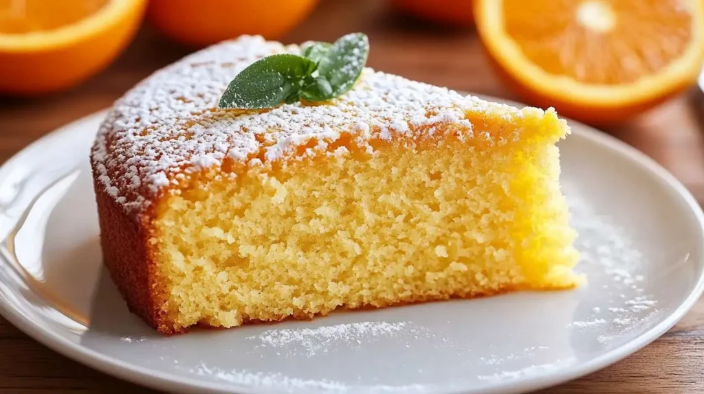 A slice of homemade moist orange cake, dusted with powdered sugar