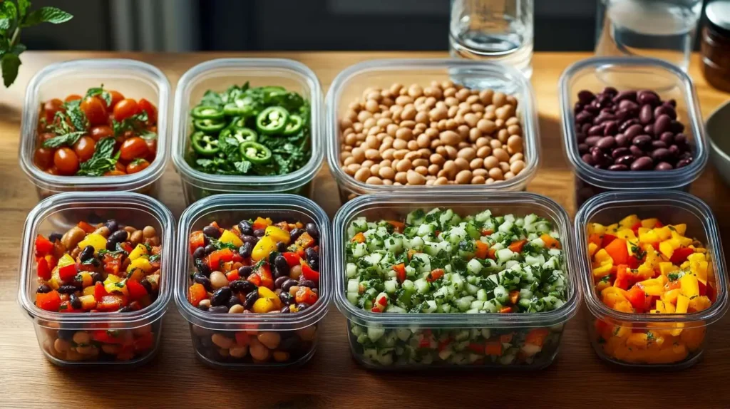 Prepped containers of bean salad for healthy meal planning throughout the week