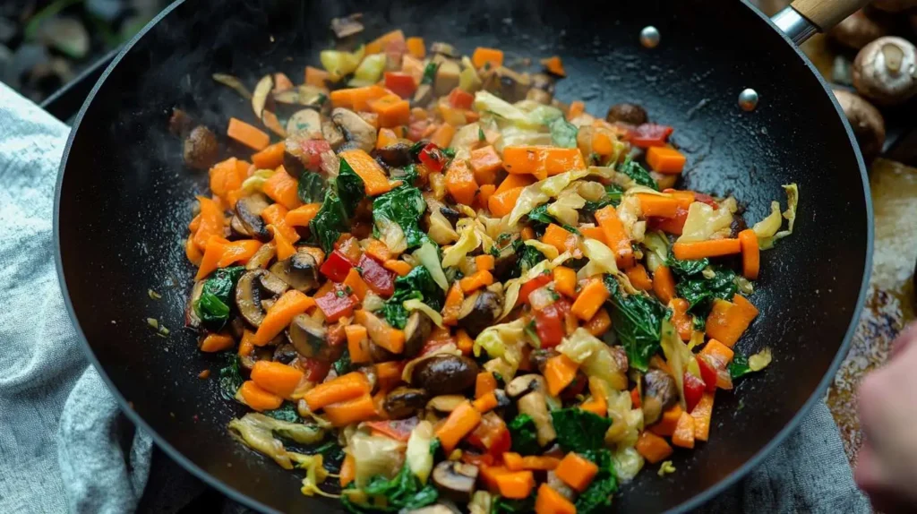 A wok with sautéed cabbage, carrots, mushrooms, and tofu, seasoned with soy sauce and garlic.