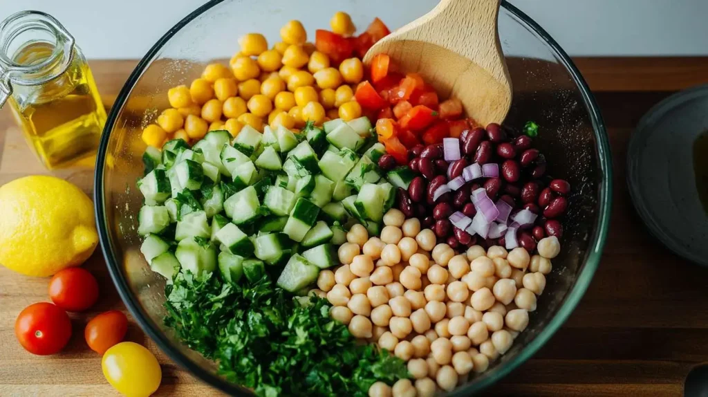 Ingredients for a high-protein bean salad recipe, including chickpeas, beans, and fresh veggies