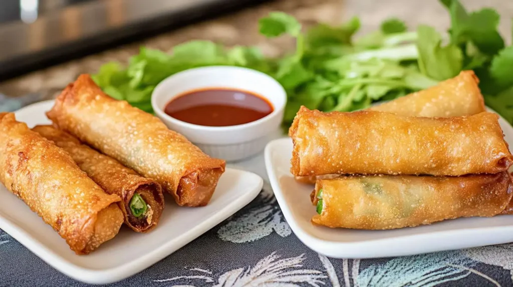 Two plates—one with air-fried egg rolls and one with baked egg rolls, showing the difference in texture.