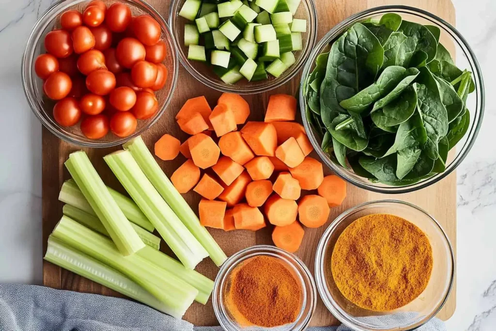 Fresh ingredients for detox vegetable soup including carrots, tomatoes, and spices