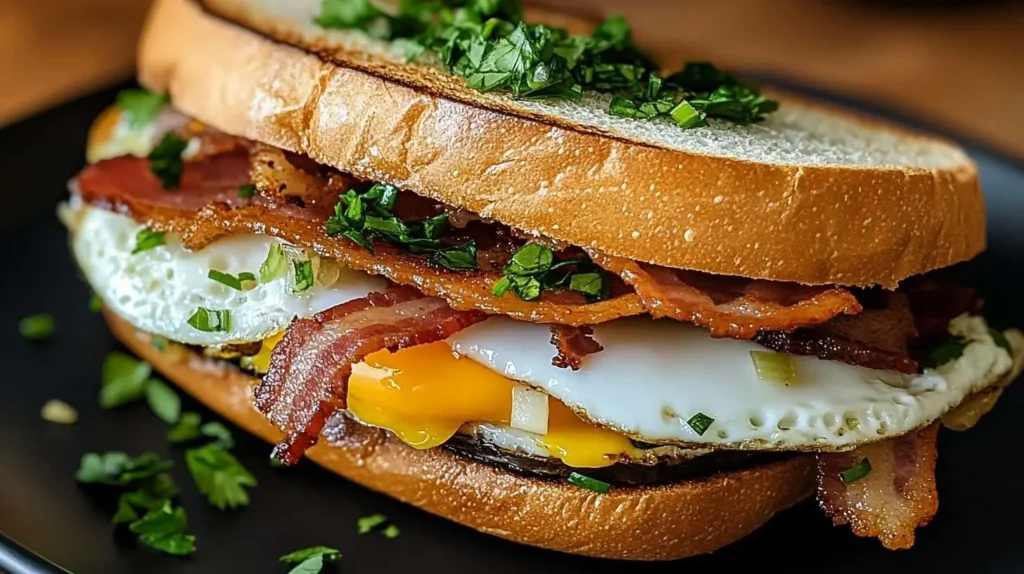 Crispy beef bacon sandwich with eggs and cheese