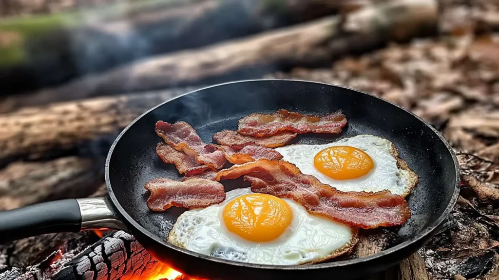 Beef bacon cooking in a skillet with eggs